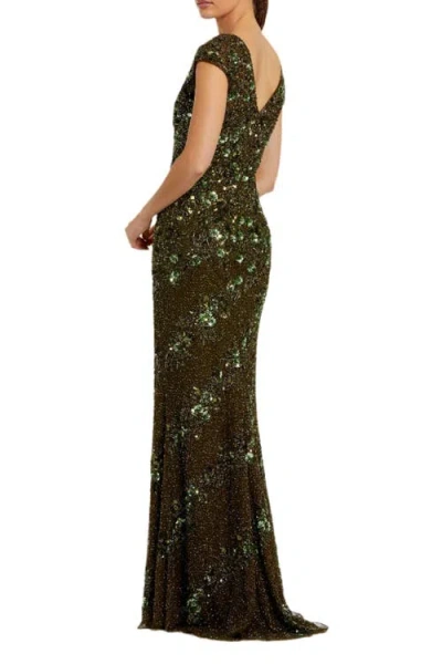 Mac Duggal Beaded High Neck Cap Sleeve Column Gown In Green