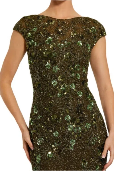 Mac Duggal Beaded High Neck Cap Sleeve Column Gown In Green