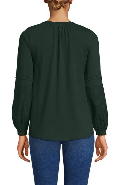 Lands' End Lightweight Jersey Lace Mix Long Sleeve Pintuck Top In Green