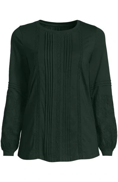 Lands' End Lightweight Jersey Lace Mix Long Sleeve Pintuck Top In Green