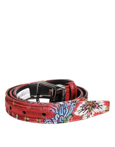 Pre-owned Dolce & Gabbana Red Floral Dg Embellished Metal Buckle Men's Belt ()