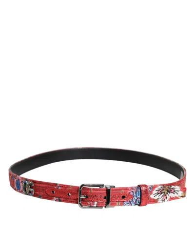 Pre-owned Dolce & Gabbana Red Floral Dg Embellished Metal Buckle Men's Belt ()