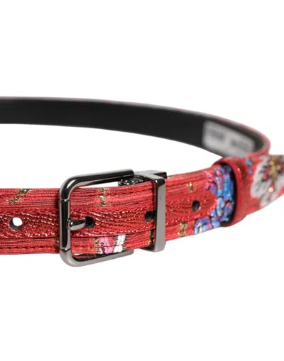 Pre-owned Dolce & Gabbana Red Floral Dg Embellished Metal Buckle Men's Belt ()