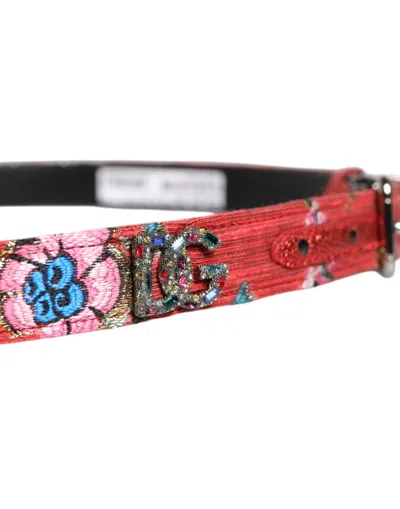 Pre-owned Dolce & Gabbana Red Floral Dg Embellished Metal Buckle Men's Belt ()
