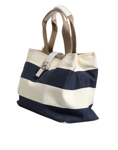 Pre-owned Dolce & Gabbana White Navy Striped Canvas Top Handle Tote Tote Women's Bag ()