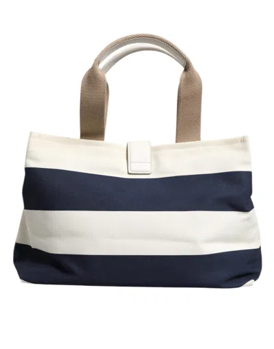 Pre-owned Dolce & Gabbana White Navy Striped Canvas Top Handle Tote Tote Women's Bag ()