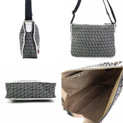 Pre-owned Fendi Black White Nylon Canvas Leather Shoulder Bag ()