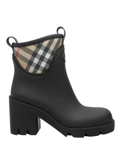 Burberry Marsh Stamp Checked Nylon-trimmed Rubber Ankle Boots In Black