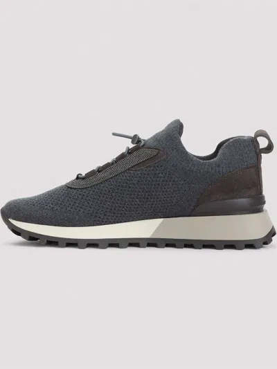 Brunello Cucinelli Runners In Techno Fabric And Calfskin With Precious Trim In Gray