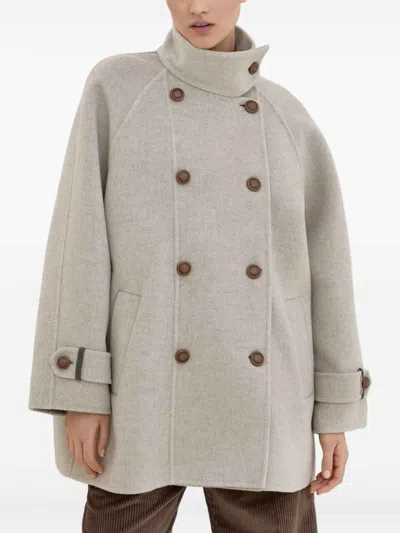 Brunello Cucinelli Virgin Wool And Cashmere Peacoat In Double Cloth With Shiny Cuff Details In Gray