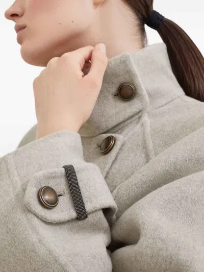 Brunello Cucinelli Virgin Wool And Cashmere Peacoat In Double Cloth With Shiny Cuff Details In Gray