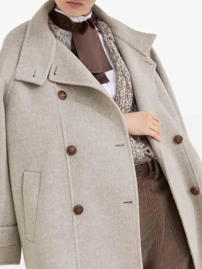 Brunello Cucinelli Virgin Wool And Cashmere Peacoat In Double Cloth With Shiny Cuff Details In Gray