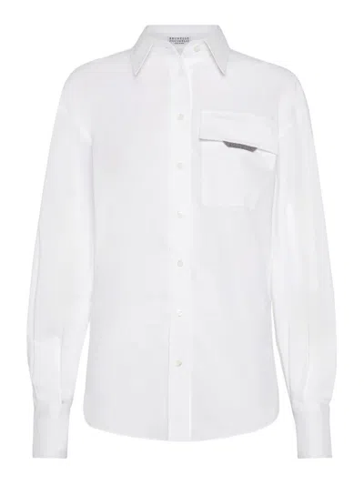 Brunello Cucinelli Classic White Shirt With Pointed Collar And Modern Mesh Detail In White