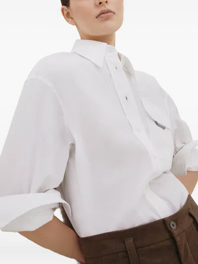 Brunello Cucinelli Classic White Shirt With Pointed Collar And Modern Mesh Detail In White