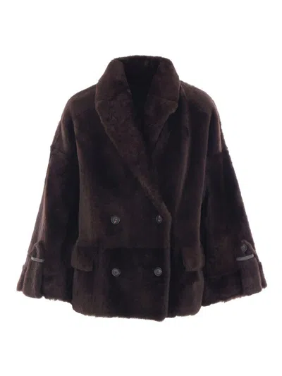 Brunello Cucinelli Reversible Shearling Outerwear With Shiny Cuff Details. In Black