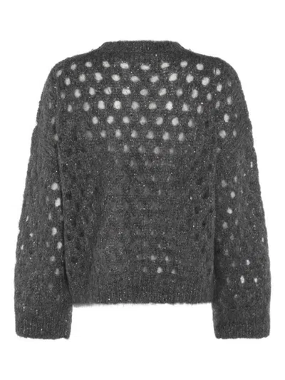 Brunello Cucinelli Open-knit Grey Sweater With Metallic Threads In Gray