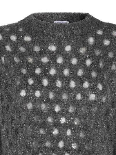 Brunello Cucinelli Open-knit Grey Sweater With Metallic Threads In Gray