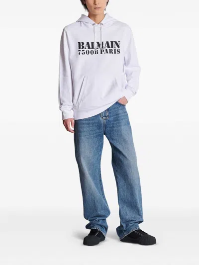 Balmain Stamped Cotton Hoodie Pocket In White