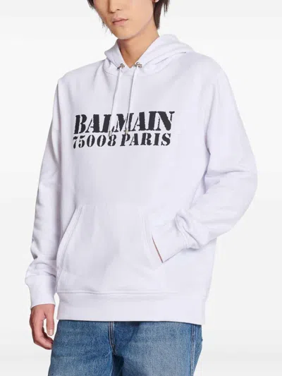 Balmain Stamped Cotton Hoodie Pocket In White