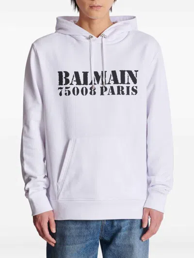 Balmain Stamped Cotton Hoodie Pocket In White