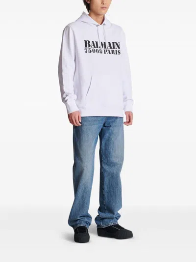 Balmain Stamped Cotton Hoodie Pocket In White