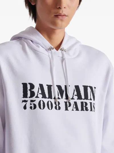 Balmain Stamped Cotton Hoodie Pocket In White