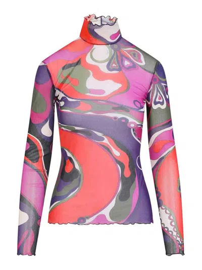 Pucci Abstract-print Turtleneck Sheer Top Clothing In Multi