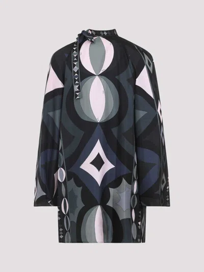 Pucci Geometric Pattern Long Sleeve High Neck Dress In Black