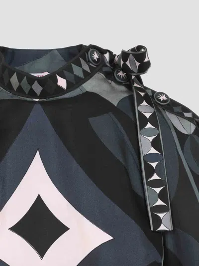 Pucci Geometric Pattern Long Sleeve High Neck Dress In Black