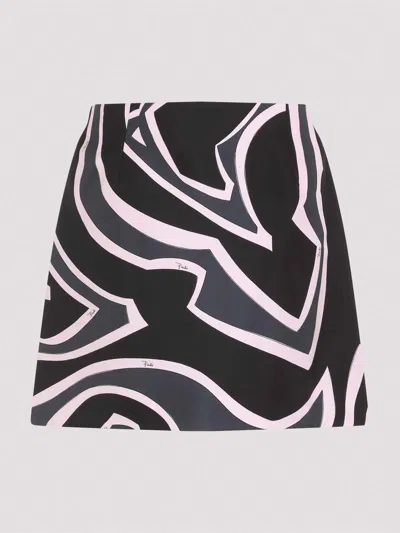 Pucci Wrap Mini Skirt In Silk Twill With Marmo Print In Black