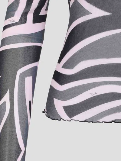 Pucci Semi Sheer Printed Long-sleeved High-neck Top In Black
