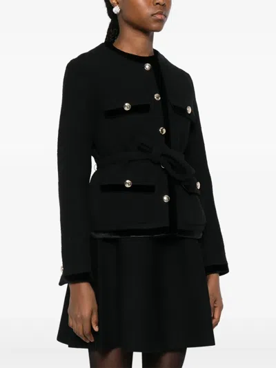 Maje Velvet-trim Belted Jacket In Black