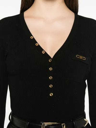Elisabetta Franchi Maglia A Costine Con Taschino Nero In Black