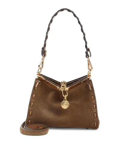 Etro Suede Shoulder Bag Gold Tone Hardware In Brown