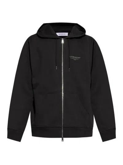 Givenchy Logo Stamp Zip-up Hooded Sweatshirt In Black
