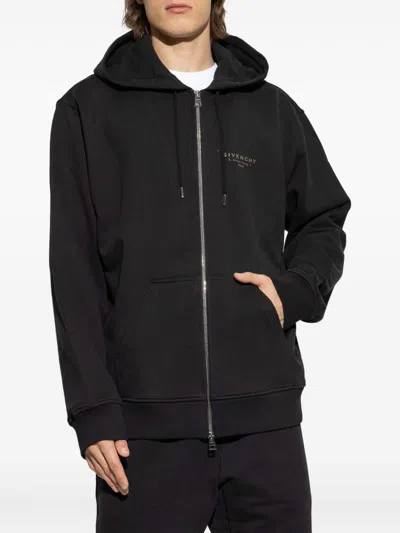 Givenchy Logo Stamp Zip-up Hooded Sweatshirt In Black