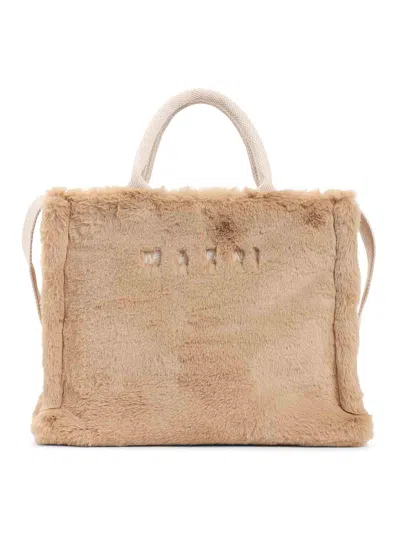 Marni Small Rectangular Basket Bag With Plush Faux Fur Fabric In Yellow