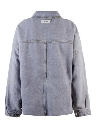 Liu •jo Relaxed Fit Grey Coat With Embellished Shoulders In Blue