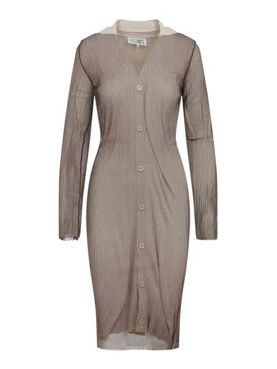 Mm6 Maison Margiela Ribbed Knit Midi Dress With Button-down Front And Contrasting Collar In Brown