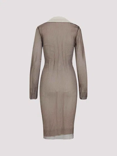 Mm6 Maison Margiela Ribbed Knit Midi Dress With Button-down Front And Contrasting Collar In Brown