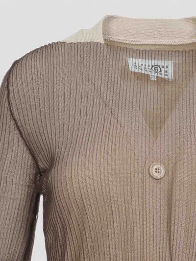 Mm6 Maison Margiela Ribbed Knit Midi Dress With Button-down Front And Contrasting Collar In Brown