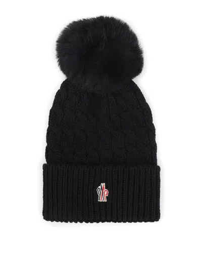 Moncler Wool Hat Featuring Cable Knit And Pom Detail In Black