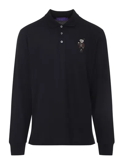 Ralph Lauren Long-sleeve Polo Shirt With Embroidered Bear Motif In Black