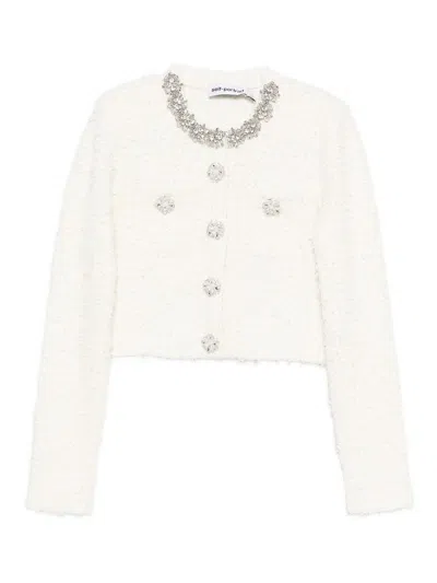 Self-portrait White Crewneck Cropped Cardigan With Crystal Embellishments On The Collar In Cotton Blend Woman In White