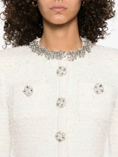 Self-portrait White Crewneck Cropped Cardigan With Crystal Embellishments On The Collar In Cotton Blend Woman In White