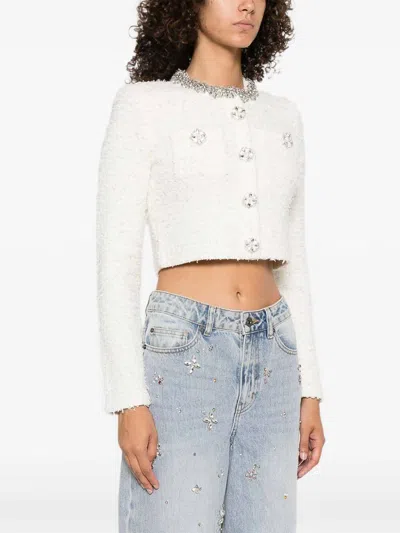 Self-portrait White Crewneck Cropped Cardigan With Crystal Embellishments On The Collar In Cotton Blend Woman In White