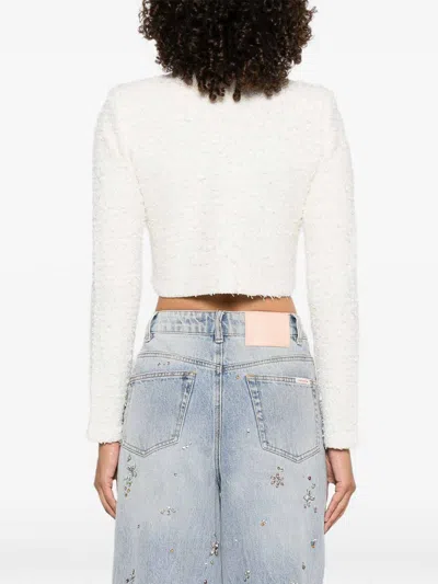 Self-portrait White Crewneck Cropped Cardigan With Crystal Embellishments On The Collar In Cotton Blend Woman In White