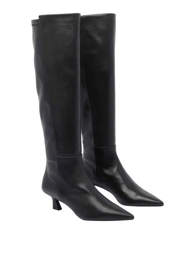 Stuart Weitzman Leather Knee High Pointed Toe Boots In Black