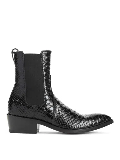 Tom Ford Shiny Python Stamped Leather Chelsea Boots In Black