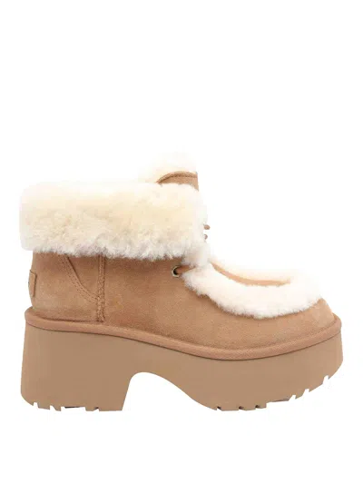 Ugg Esmee Beige Ankle Boots With Fur Detailing And Platform In Suede Woman In Brown